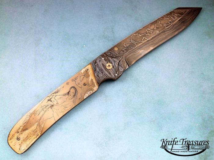 Custom Folding-Bolster, Liner Lock, 9-11 Damascus Steel by Maker, 416 Stainless Steel Knife made by Wally  -  9/11 Hayes