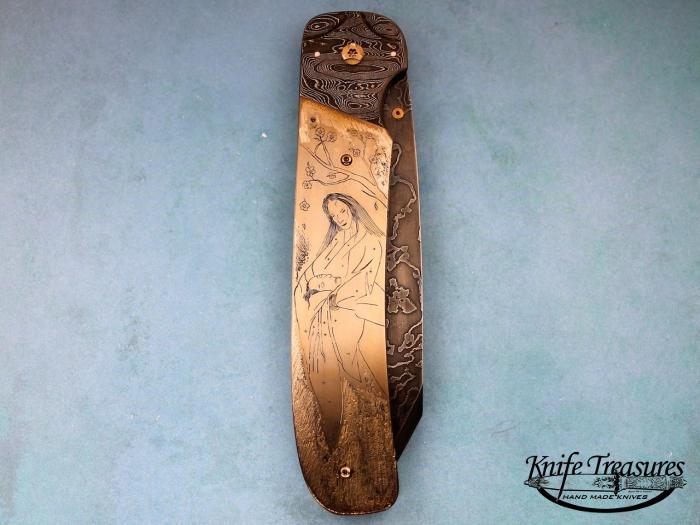 Custom Folding-Bolster, Liner Lock, 9-11 Damascus Steel by Maker, 416 Stainless Steel Knife made by Wally  -  9/11 Hayes