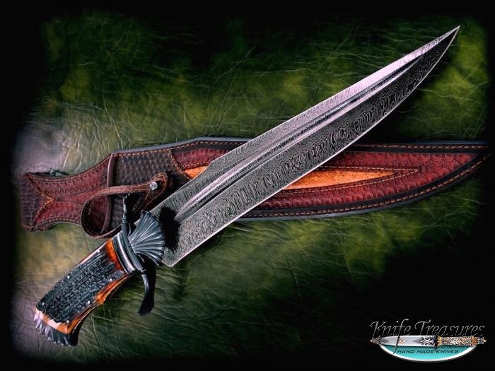 Custom Fixed Blade, N/A, Damascus 1095/15N20 Twisted Pattern	, Amber Stag Knife made by Claudio Sobral