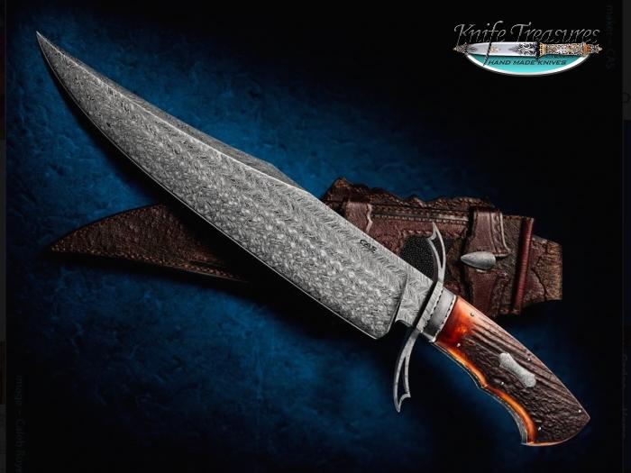 Custom Fixed Blade, N/A, 8 Bar Turkish Damascus, Red Amber Stag Knife made by Claudio Sobral