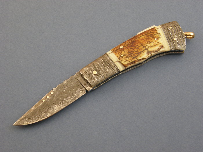 Custom Folding-Bolster, Lock Back, Damascus Steel by Maker, Mammoth Ivory Knife made by Kaj Embretsen