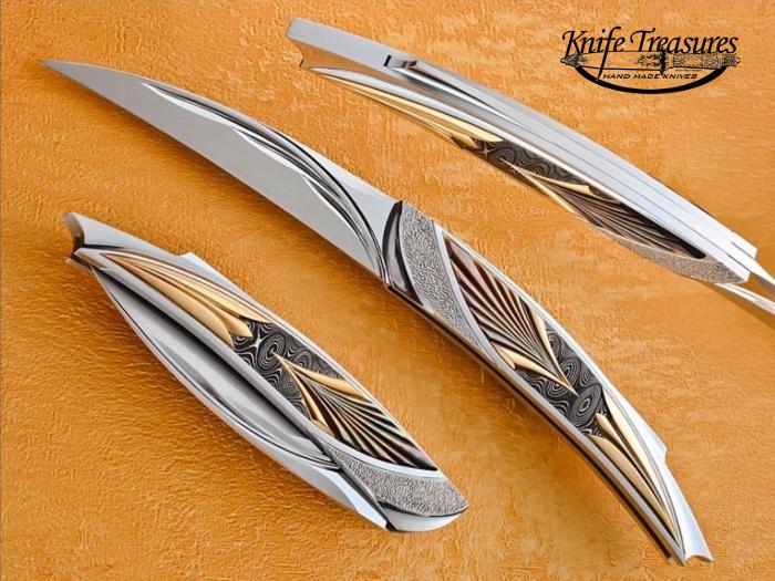Custom Folding-Inter-Frame, Lock Back, ATS-34 Stainless Steel, Gold, Black Lip Pearl & Damascus Knife made by Wolfgang Loerchner