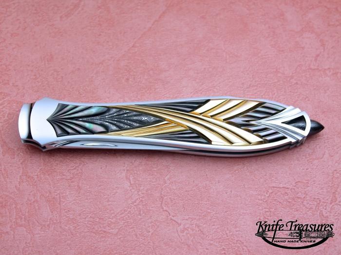Custom Folding-Inter-Frame, Lock Back, ATS-34 Stainless Steel, BLP, Damascus & Gold Knife made by Wolfgang Loerchner