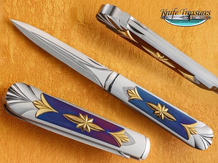 Custom Folding-Inter-Frame, Lock Back, ATS-34 Stainless Steel, Gold & Blued Handle Knife made by Wolfgang Loerchner