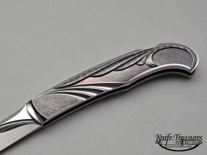 Custom Folding-Inter-Frame, Lock Back, ATS-34 Stainless Steel, Black Lip Pearl and Damascus Knife made by Wolfgang Loerchner