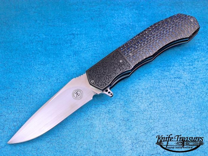 Custom Folding-Bolster, Liner Lock, N690, Electric Blue Carbon Fiber Knife made by Andre Thorburn