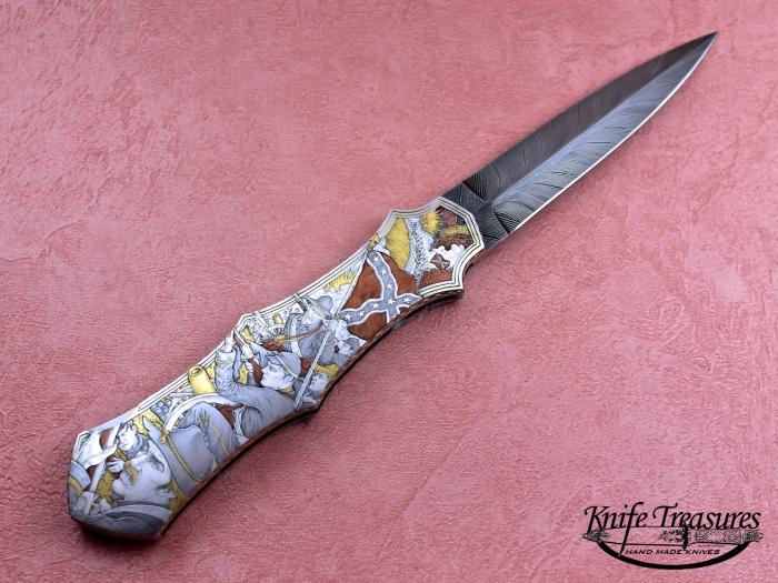 Custom Folding-Inter-Frame, Lock Back,  Kevin Casey Feather Damascus, 416 Stainless Steel Knife made by Rick Genovese