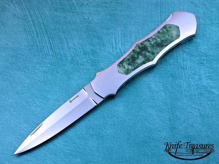 Custom Folding-Inter-Frame, Lock Back, RWL-34 Stainless Steel , Emerald Flower Jade Knife made by Rick Genovese