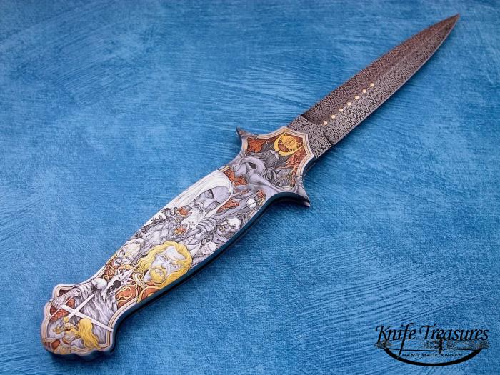 Custom Folding-Inter-Frame, Lock Back, John Horrigan Firecracker Damascus, 416 Stainless Steel Knife made by Rick Genovese