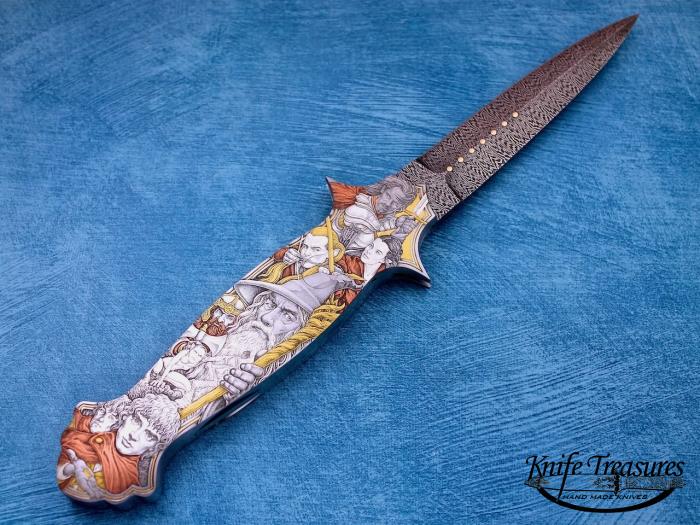 Custom Folding-Inter-Frame, Lock Back, John Horrigan Firecracker Damascus, 416 Stainless Steel Knife made by Rick Genovese