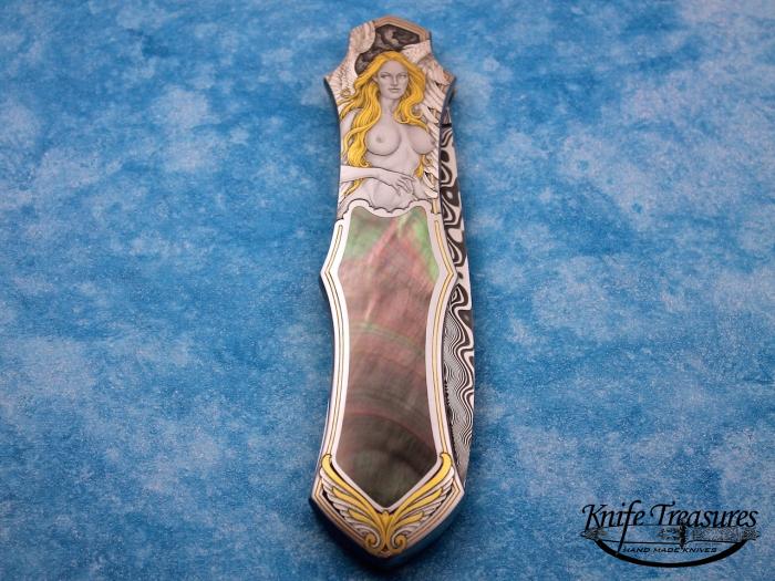 Custom Folding-Inter-Frame, Lock Back, Damasteel, Black Lip Pearl with Gold Escutcheon Knife made by Rick Genovese