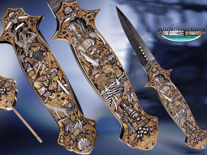 Custom Folding-Inter-Frame, Lock Back, Ladder Pattern Damascus, 416 Stainless Steel Knife made by Rick Genovese