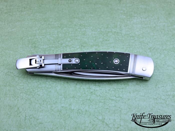 Custom Folding-Inter-Frame, Lever Lock, ATS-34 Stainless Steel, Green Jade With Moons & Stars Knife made by Jurgen Steinau