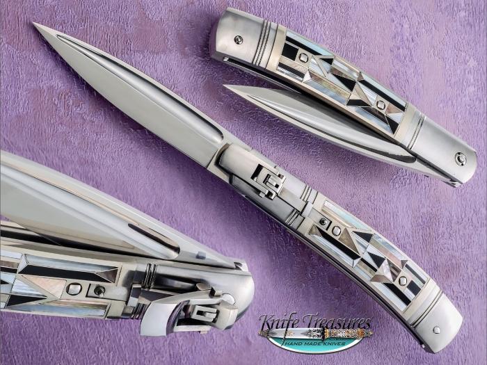 Custom Folding-Inter-Frame, Lever Lock, ATS-34 Stainless Steel, Mosaic Inlays of Pearl, Bakelite, etc.. Knife made by Jurgen Steinau
