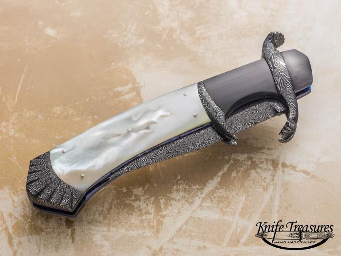 Custom Folding-Bolster, Liner Lock, Turkish Damascus Steel by Marciel DOs Santos, Mother Of Pearl Knife made by Javier Vogt