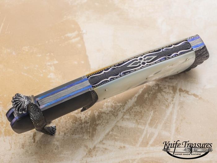 Custom Folding-Bolster, Liner Lock, Turkish Damascus Steel by Marciel DOs Santos, Mother Of Pearl Knife made by Javier Vogt