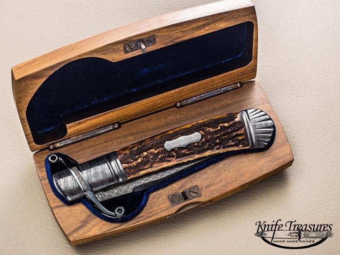 Custom Folding-Bolster, Liner Lock, Damascus By , Stag Knife made by Javier Vogt