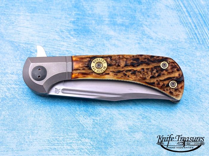Custom Folding-Bolster, Liner Lock, m390, Sambar Stag Knife made by  Gudy Van Poppel