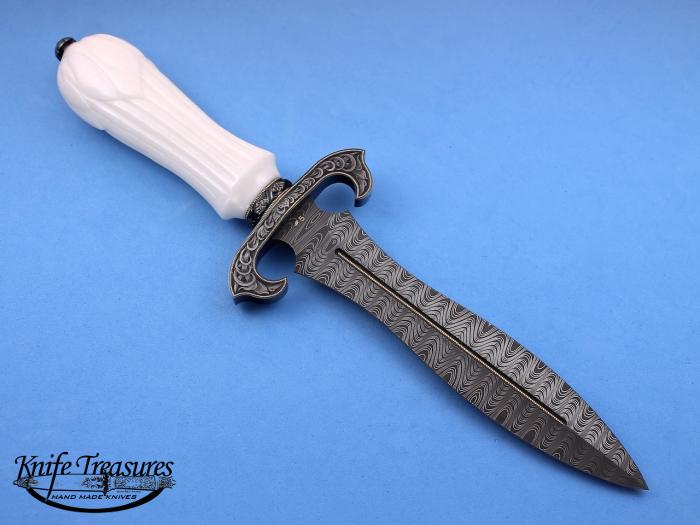 Custom Fixed Blade, N/A, Rob Thomas Ladder Pattern Damascus, Carved White Marble Knife made by Julie Warenski-Erickson