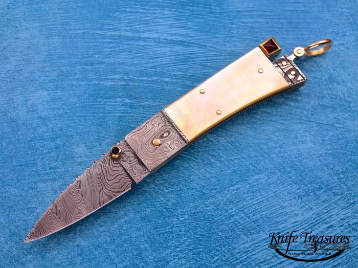 Custom Folding-Bolster, Tail Lock, Damascus Steel by Maker, Gold Lip Pearl Knife made by  Dellana