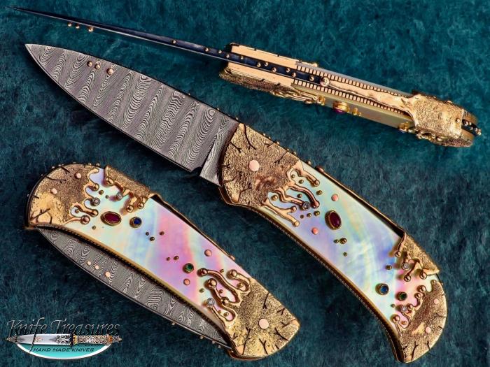 Custom Folding-Bolster, Lock Back, Ladder Pattern Damascus by Dellana, White/Rainbow Mother Of Pearl Knife made by  Dellana