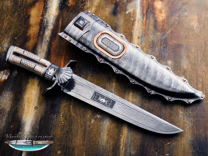 Custom Fixed Blade, N/A, Mosaic Damascus by Maker, Scimmed Deer Antler Knife made by Michael Andersson 