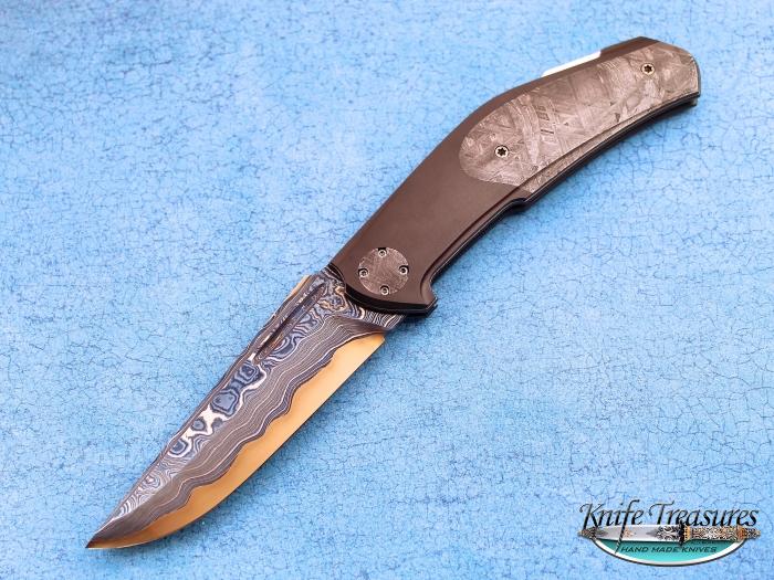 Click to make larger Custom Folding-Bolster, Lock Back, Blue Nickel Damascus with RWL-34 Core, Meteorite Knife made by Jakob & Simon Nylund