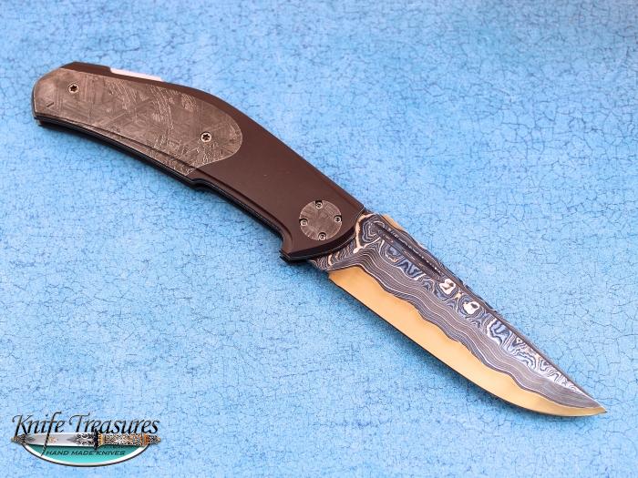Custom Folding-Bolster, Lock Back, Blue Nickel Damascus with RWL-34 Core, Meteorite Knife made by Jakob & Simon Nylund