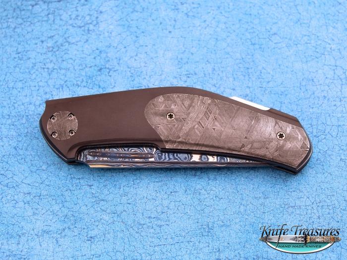 Custom Folding-Bolster, Lock Back, Blue Nickel Damascus with RWL-34 Core, Meteorite Knife made by Jakob & Simon Nylund
