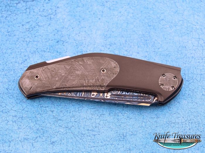 Custom Folding-Bolster, Lock Back, Blue Nickel Damascus with RWL-34 Core, Meteorite Knife made by Jakob & Simon Nylund
