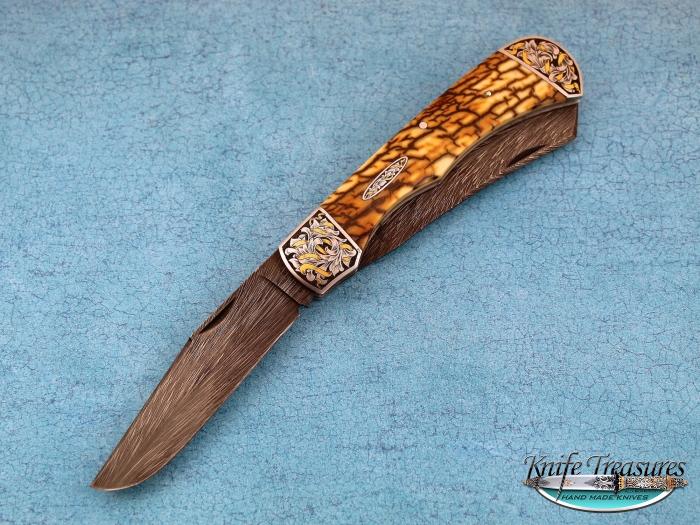 Custom Folding-Bolster, Slip Joint, Randy Haas Feather Damascus, Bark Fossilized Mammoth Knife made by Stan Buzek