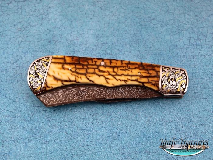 Custom Folding-Bolster, Slip Joint, Randy Haas Feather Damascus, Bark Fossilized Mammoth Knife made by Stan Buzek