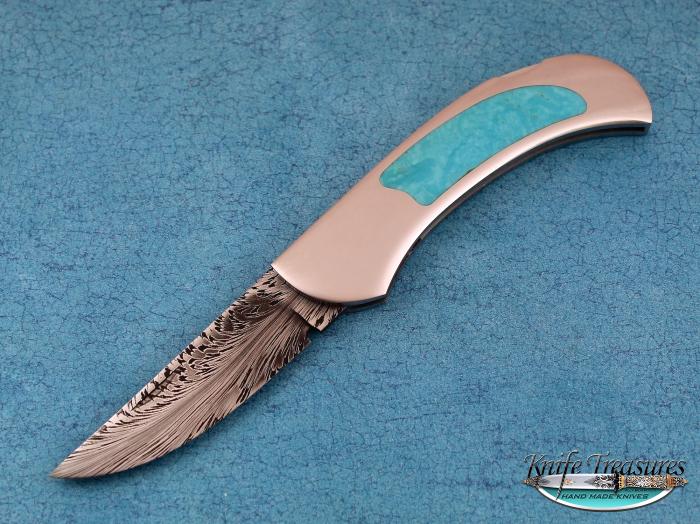 Custom Folding-Inter-Frame, Lock Back, Feather Pattern Damascus by maker, Gem Grade Turquoise Knife made by John Horrigan