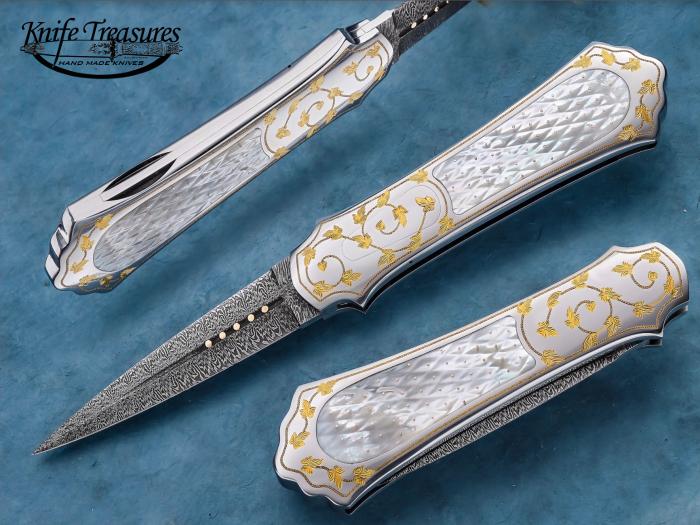 Custom Folding-Inter-Frame, Lock Back, Explosion Damascus By Maker, Piqued Mother Of Pearl w/Gold Pins Knife made by John Horrigan