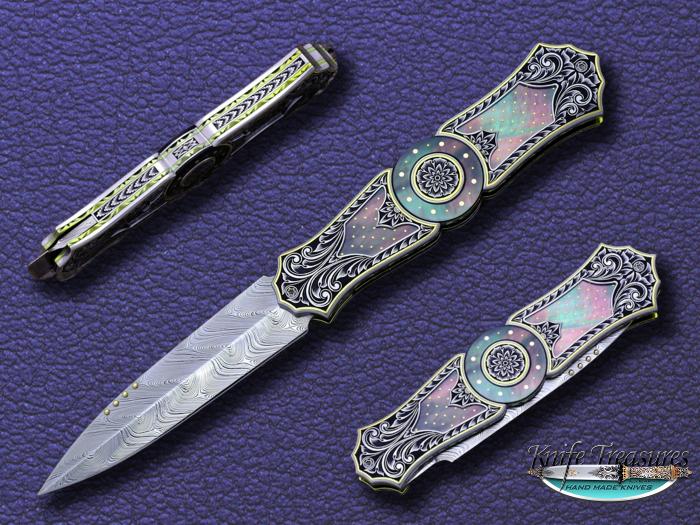 Custom Folding-Inter-Frame, Liner Lock, Damascus, Black Lip Pearl with Gold Pins Knife made by Anders Hedlund