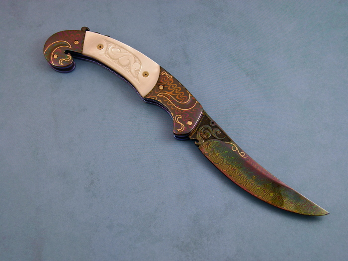 Custom Folding-Bolster, Liner Lock, Rainbow Anodized Damascus, Carved Mother Of Pearl Knife made by Shaun/Sharla Hansen