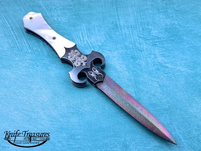 Custom Folding-Bolster, Liner Lock,  Rainbow Anodized Damascus, Mother Of Pearl Knife made by Shaun/Sharla Hansen