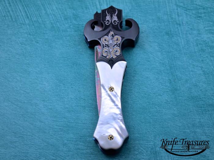 Custom Folding-Bolster, Liner Lock,  Rainbow Anodized Damascus, Mother Of Pearl Knife made by Shaun/Sharla Hansen