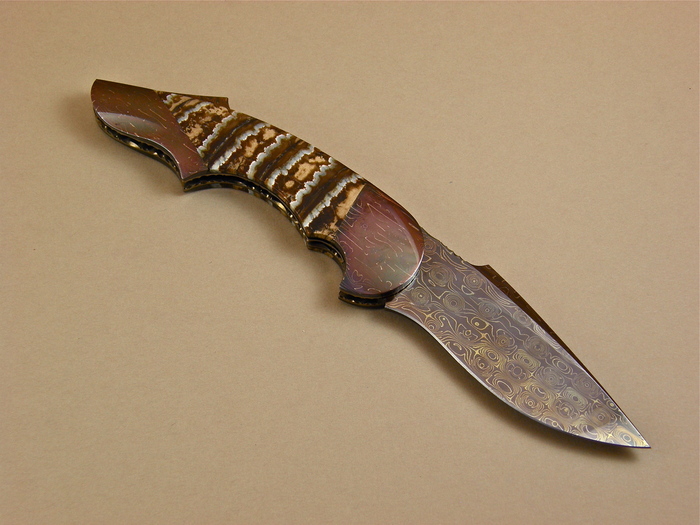 Custom Folding-Bolster, Liner Lock, Anodized Damascus Steel, Mammoth Ivory Tooth Knife made by Stan Wilson