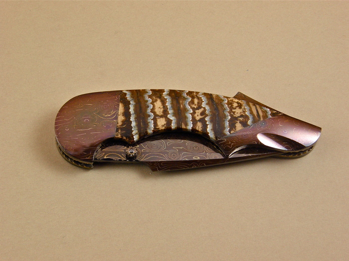 Custom Folding-Bolster, Liner Lock, Anodized Damascus Steel, Mammoth Ivory Tooth Knife made by Stan Wilson