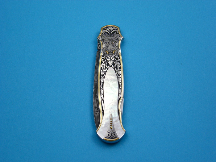 Custom Folding-Inter-Frame, Lock Back, Damascus Steel, Mother Of Pearl Knife made by Tom Overeynder