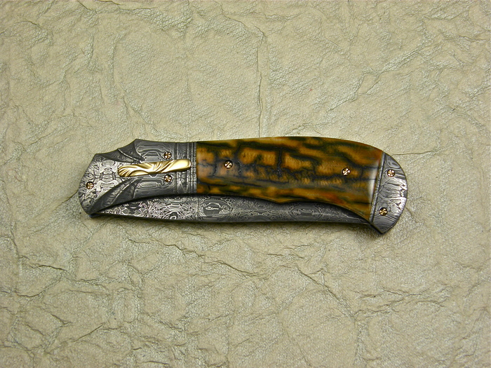 Custom Folding-Bolster, Liner Lock, Damascus Steel by Maker, Mammoth Ivory Knife made by Don  Hanson III