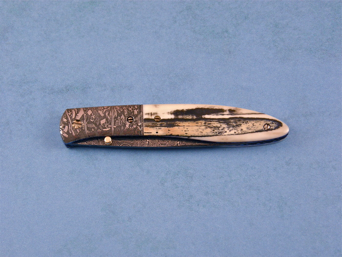 Custom Folding-Bolster, Liner Lock, Damascus Steel by Maker, Walrus Ivory Knife made by Don  Hanson III