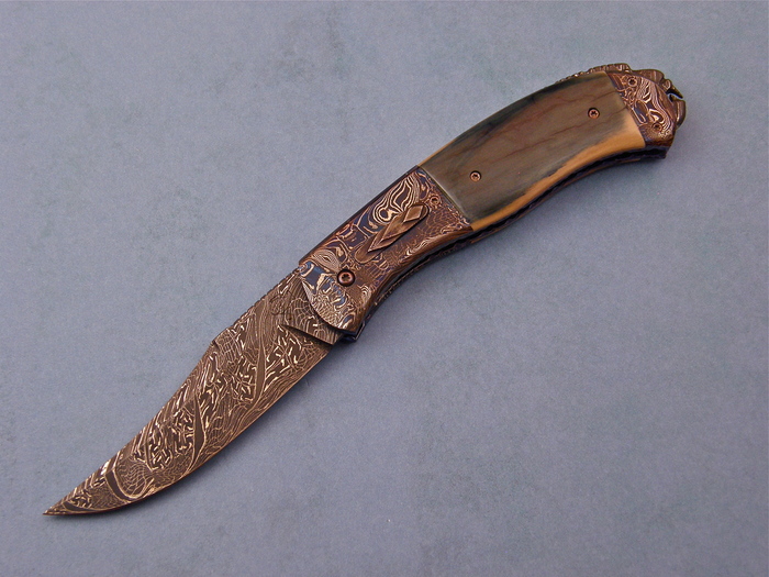 Custom Folding-Bolster, Liner Lock, Damascus Steel by Maker, Fossilized Mammoth Knife made by Don  Hanson III