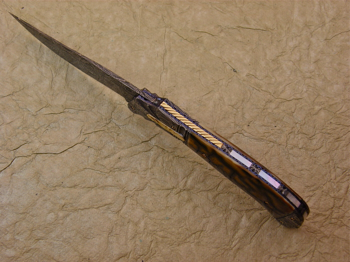 Custom Folding-Bolster, Liner Lock, Damascus Steel by Maker, Mammoth Ivory Knife made by Don  Hanson III