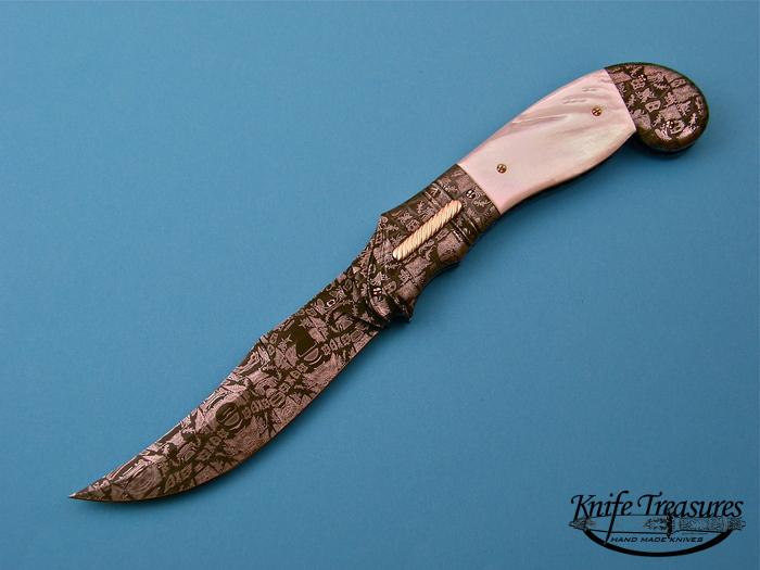 Custom Folding-Bolster, Liner Lock, Damascus Steel by Maker, Mother Of Pearl Knife made by Don  Hanson III