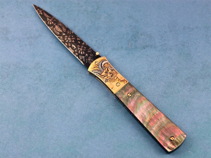 Custom Folding-Bolster, Liner Lock, Damascus Steel by Maker, Black Lip Pearl Knife made by Don  Hanson III