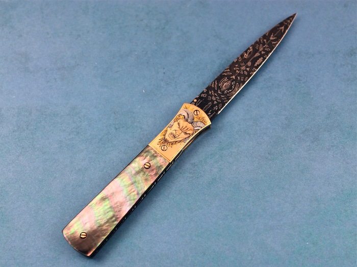 Custom Folding-Bolster, Liner Lock, Damascus Steel by Maker, Black Lip Pearl Knife made by Don  Hanson III
