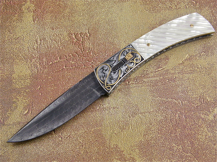 Custom Folding-Bolster, Liner Lock, Jerry Rados Turkish Damascus, Mother Of Pearl Knife made by Jerry Corbit
