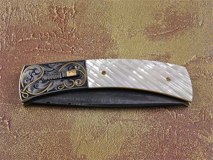 Custom Folding-Bolster, Liner Lock, Jerry Rados Turkish Damascus, Mother Of Pearl Knife made by Jerry Corbit